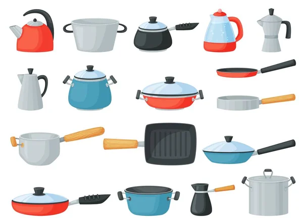 Sartenes de dibujos animados, cacerola y ollas de cocina, utensilios de cocina de metal. Utensilios de cocina, hervidor de agua, parrilla, olla con tapa, juego de vectores de utensilios de cocina — Vector de stock