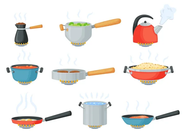 Cartoon-Kochgeschirr auf Herd, Kochen von Lebensmitteln in Pfanne oder Topf. Wasserkocher mit kochendem Wasser, Topf mit Suppe, Pfannen auf Gasbrenner-Vektorset — Stockvektor