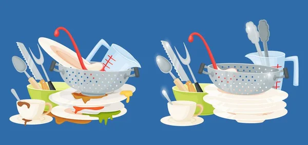 Schmutziges und sauberes Geschirr, Berge fleckiger und gewaschener Küchenutensilien. Unordentliche Teller und Besteck, Geschirr vor und nach dem Waschen — Stockvektor