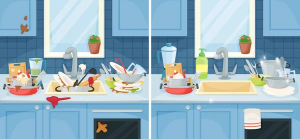 Platos sucios y limpios en fregadero, platos desordenados y tazas. Dibujos animados utensilios de cocina sin lavar, antes y después de limpiar la ilustración del vector de cocina — Vector de stock