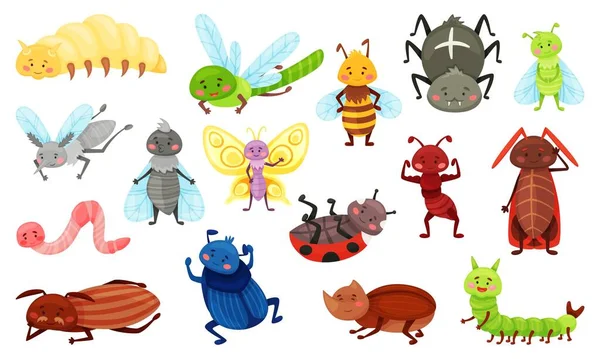 Lindos insectos de dibujos animados, mariquita, mariposa, abeja, escarabajo, araña. Feliz jardín insecto, gusano, oruga, insectos sonrientes para los niños vector conjunto — Vector de stock