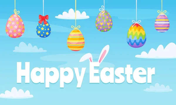 Cartoon fröhliches Osterbanner mit bunt bemalten Eiern. Frühlingsgrußkarte mit Schokoladeneiern und Hasenohren — Stockvektor