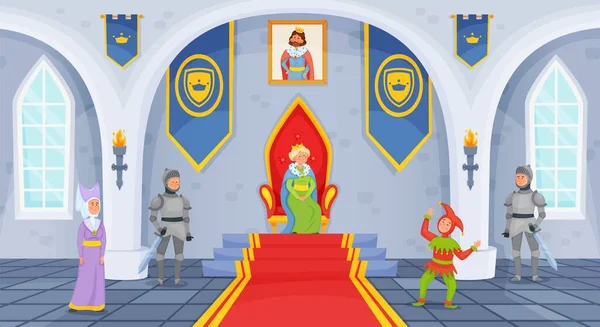 Salón del castillo de dibujos animados con trono, salón interior con personajes medievales. Reina, caballero, dama, sala de palacio real vector ilustración — Vector de stock