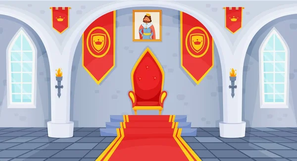 Zámecký trůnní sál, interiér královského paláce, středověký sál. Karikatura pohádkové královské síně s trůnním křeslem, vlajky vektorové ilustrace — Stockový vektor