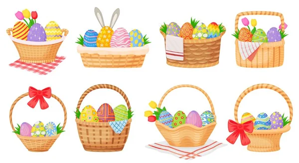Cartoon easter baskets with painted eggs and spring flowers. Wicker basket full of chocolate egg, springtime holiday gift hampers vector set — Stock Vector