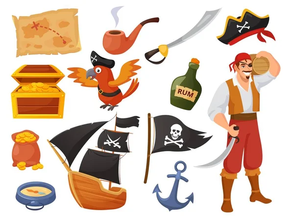 Cartoon pirata personaggio con pappagallo e nave, mappa del tesoro. Avventure marine, barca, ancora, petto con oro, elementi pirati vettoriale set — Vettoriale Stock