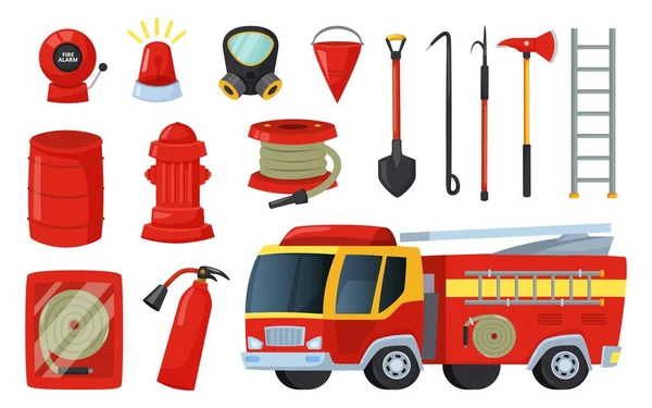 Equipo de bomberos de dibujos animados y herramientas, hacha, extintor y cortafuegos. camión de bomberos, hidrante, cubo, elementos de extinción de incendios vector conjunto — Archivo Imágenes Vectoriales