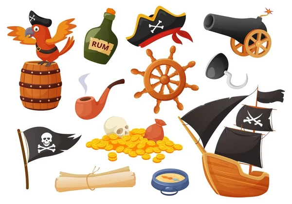 Elementi pirata dei cartoni animati, pappagallo, cannone, tesori, nave a vela. Bandiera, volante, bussola, mappa, set vettoriale avventura mare pirati — Vettoriale Stock