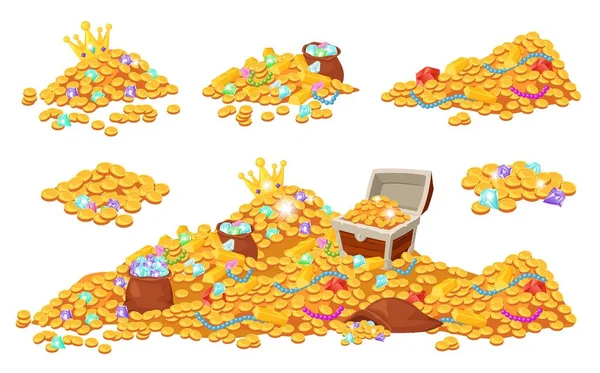 Cartoon-Schatzberge mit Münzen, Juwelen, Edelsteinen und Goldbarren. Piratenschätze, Goldhaufen, Edelsteine, Holztruhe, Kronenvektorset — Stockvektor