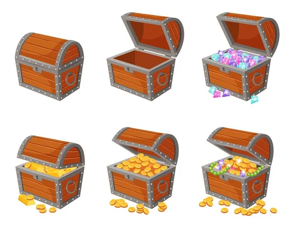 Cartoon schatstapels met munten, juwelen, edelstenen en goudstaven. Piraten schatten, stapel goud, edelstenen, houten kist, kroon vector set — Stockvector