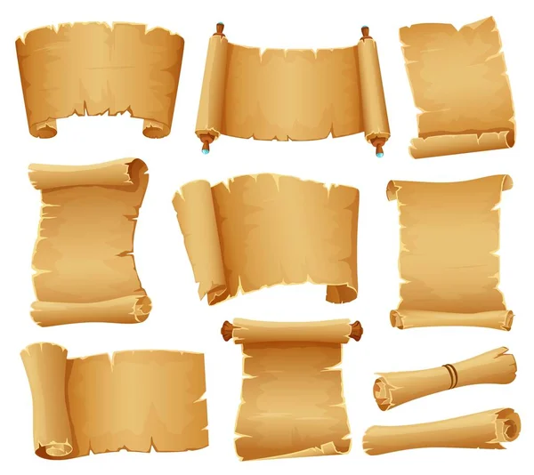 Rollos de dibujos animados, papel de pergamino viejo, pergamino de papiro antiguo. Rollo de manuscrito antiguo, papeles rodados medievales, conjunto de vector de mapa de tesoro en blanco — Vector de stock