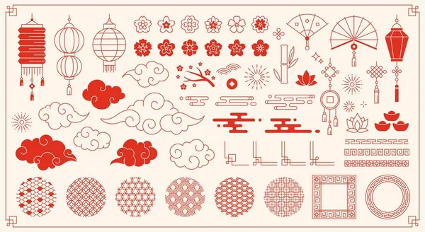 Éléments traditionnels chinois du nouvel an, ornements orientaux asiatiques. Décorations festives japonaises, nuages, fleurs et motifs vectoriels — Image vectorielle