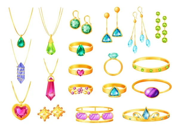Cartoon gold jewelry with gemstones, wedding rings, earrings, bracelets. Women fashion golden accessories, tiara, jewel necklace vector set — Stock Vector