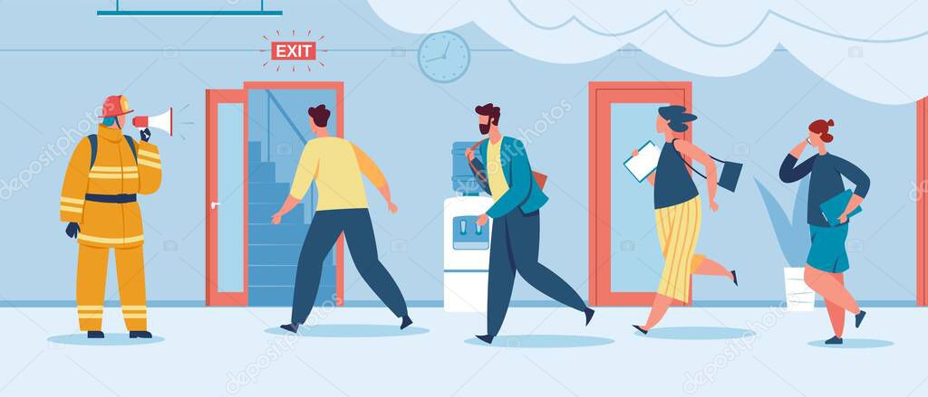 Emergency evacuation procedure, evacuating people burning office building. Firefighter with megaphone, fire safety training vector illustration