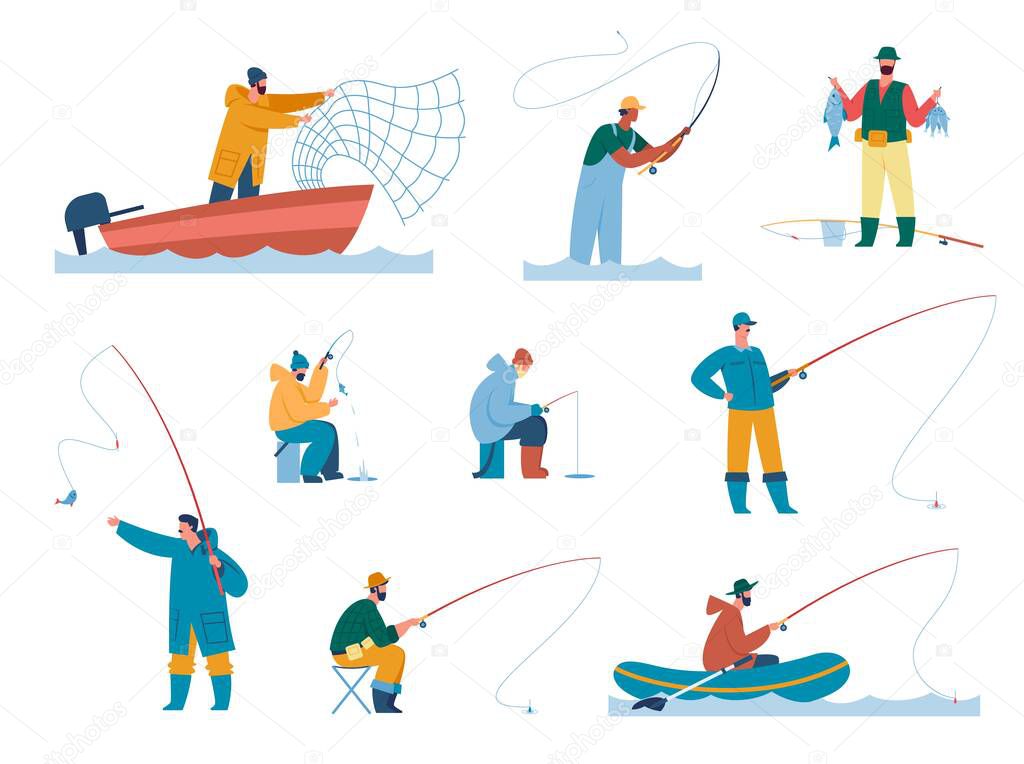 People fishing with rod on lake, fisherman catching fish with net. Fisher characters, fishermen ice fishing, summer leisure activity vector set