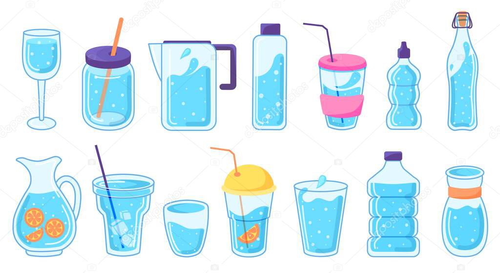 Cute water bottle doodles, reusable drink containers. Bottles, flasks, jugs with iced water or lemon, refreshing summer drink vector set