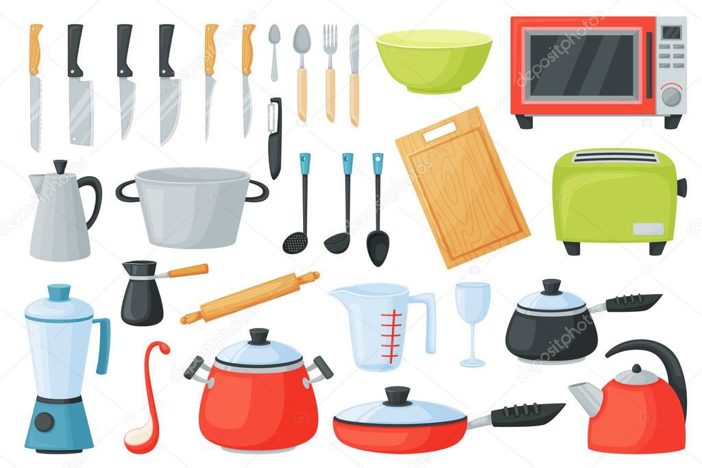 Cartoon kitchen utensils, cooking tools and appliances, kitchenware. Saucepan, frying pan, cutlery, microwave, cookware equipment vector set