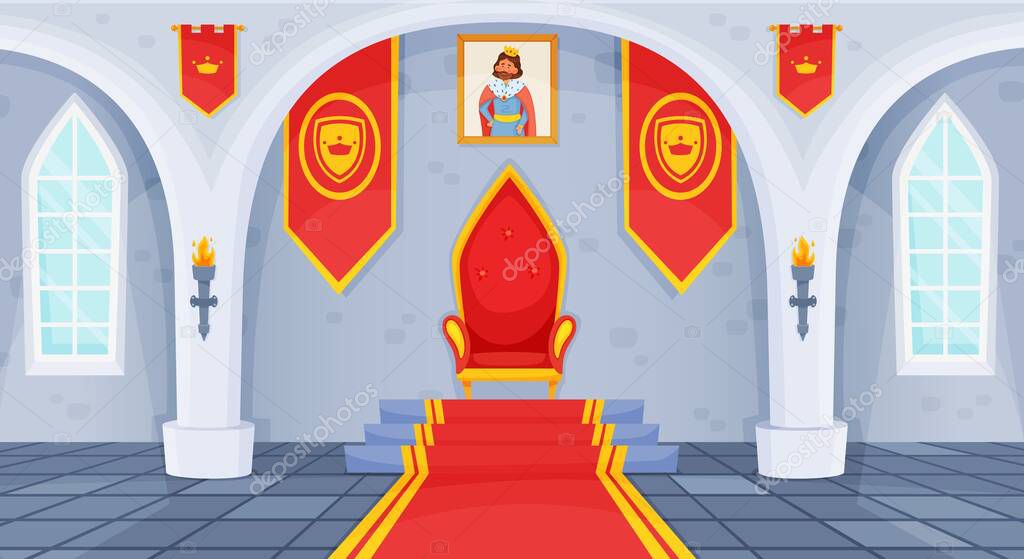 Castle throne room, royal palace interior, medieval ballroom. Cartoon fairytale kingdom hall with king thrones chair, flags vector illustration