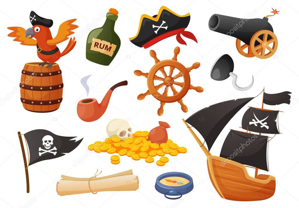 Cartoon pirate elements, parrot, cannon, treasures, sailing ship. Flag, steering wheel, compass, map, pirates sea adventure vector set