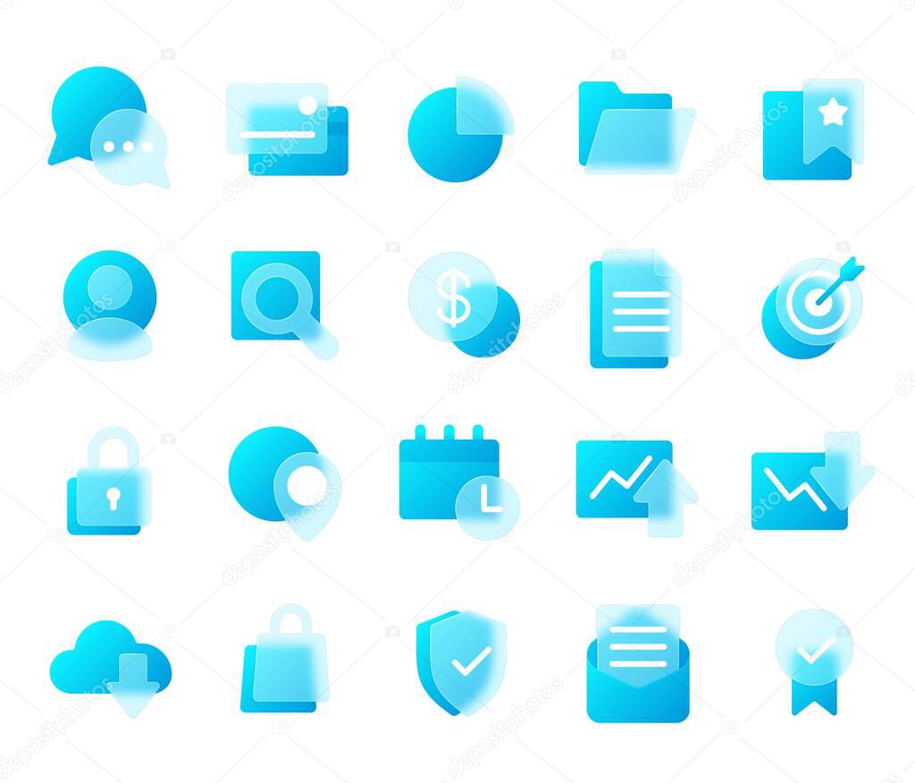 Finance and business glassmorphism style icons with blur effect. Digital marketing strategy transparent frosted glass icon vector set