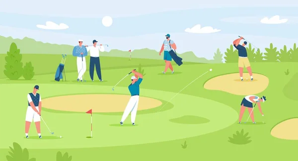 Folk spelar golf på banan, professionella golfare med klubbar. Män och kvinnor golfare tecken på fältet, golf tävling vektor illustration — Stock vektor