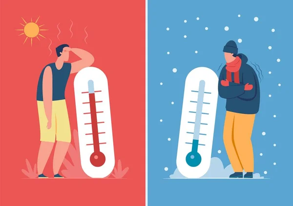 Personaje masculino en clima frío y caliente con termómetro exterior. Persona sudoración o congelación, verano vs invierno temporada vector ilustración — Vector de stock