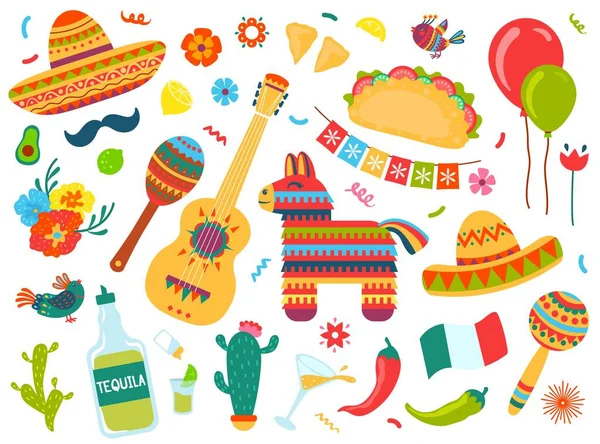 Elementos doodle mexicano, cinco de maionese decorações festival. México símbolos de férias e comida, tequila, pinata, sombrero, conjunto de vetor de guitarra —  Vetores de Stock