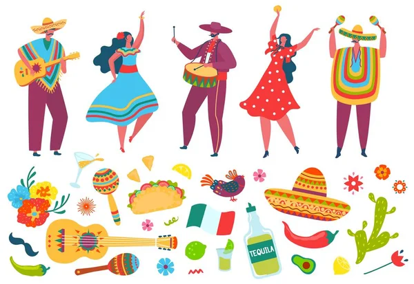Cinco de mayo fiesta elements, mexican people in traditional clothes. Mexico festival celebration, mariachi band, sombrero, guitar vector set — Stock Vector