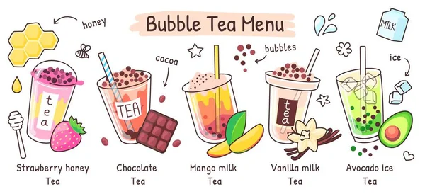Menù di tè bollente, bevanda boba in diversi gusti. Tè freddo estivo con perle di tapioca, taiwan perla latte bevande negozio vettoriale illustrazione — Vettoriale Stock