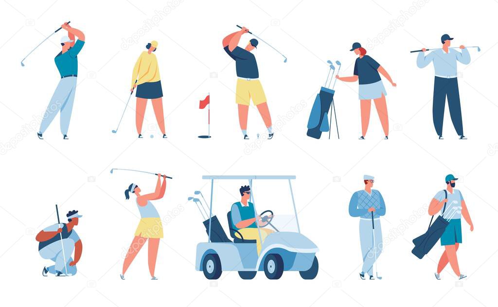 People playing golf, golfer characters with golfing equipment. Men and women golfers hitting ball, driving cart, sport activity vector set