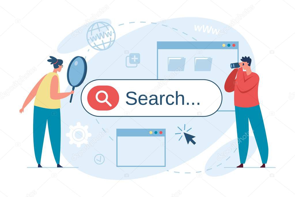 People searching on internet, characters using search bar. Man with binoculars look for answer, business research, seo vector concept