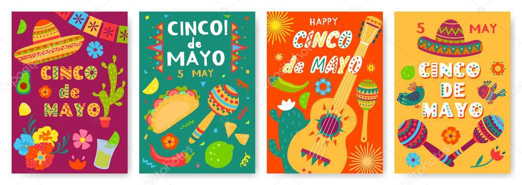 Cinco de mayo festival posters, mexican holiday celebration flyer. Mexico fiesta party invitations with sombrero, guitar, maracas vector set