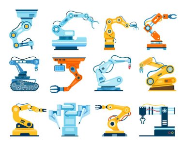 Robot kollar, endüstriyel manipülasyon kolu, robot el makinesi. Fabrika manipülatörleri, otomatik mekanik eller, montaj robotları vektörü seti