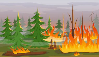 Çizgi film orman yangını, yanan ağaçlar, doğal afetler. İklim değişikliğinin etkisi veya küresel ısınma, orman yangını vektör illüstrasyonu