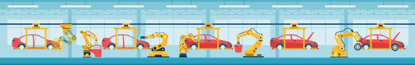 Autó automatizált szerelősor robotkarokkal, autógyártó üzemmel. Gépjármű gyártósor, autóipari vektor illusztráció — Stock Vector