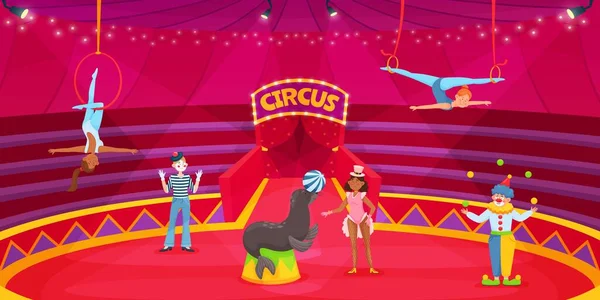 Artistas de circo de dibujos animados en arena, payaso, acróbata, entrenador de animales. Artistas del circo en el escenario, espectáculo de carnaval con acróbatas vector ilustración — Archivo Imágenes Vectoriales