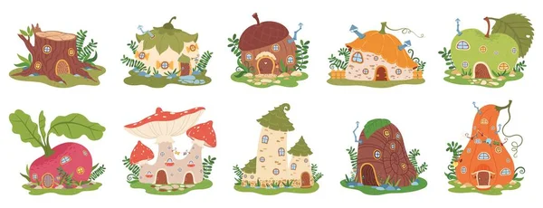 Kreskówkowe domy krasnoludków ogrodowych, ładny dom krasnoludków bajki. Fantasy leśnych elfów budynków w kształcie grzyba, dyni, jabłko wektor zestaw — Wektor stockowy
