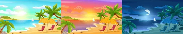 Strandlandschaft bei Nacht, tropische Inselsonnenuntergangsszene. Sommerurlaub, sonnige Sommerlandschaft mit Palmen-Vektorillustration — Stockvektor
