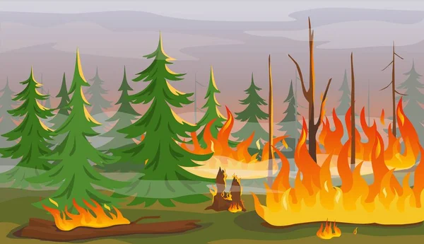 Cartoon-Waldbrand, brennende Bäume, Flächenbrand-Naturkatastrophe. Auswirkungen des Klimawandels oder der globalen Erwärmung, Buschfeuer-Flammen-Vektorillustration — Stockvektor