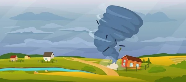 Tecknad landsbygd landskap med tornado, orkan storm förstör hus. Virvelvind, stormigt väder, naturkatastrof vektor illustration — Stock vektor