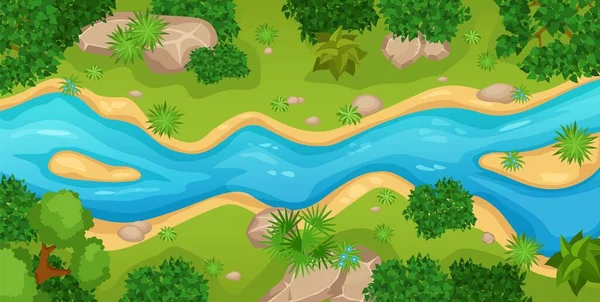 Dessin animé paysage fluvial avec des arbres verts, des buissons et des pierres. Scène de nature estivale avec illustration vectorielle forêt et cours d'eau — Image vectorielle