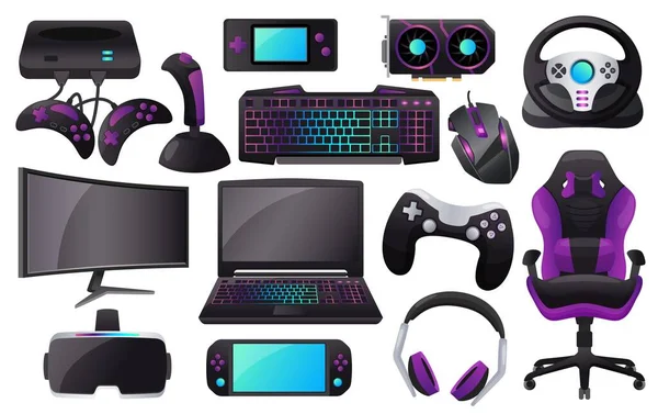 Accessoires de jeu de bande dessinée, équipement professionnel de joueur et équipement. Moniteur, casque, clavier, casque vr, périphérique de jeu ensemble vectoriel — Image vectorielle