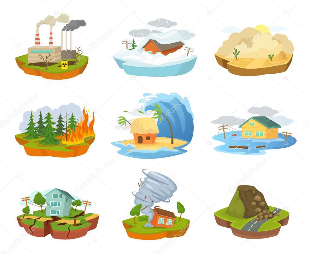 Cartoon natural disasters, tornado, earthquake, forest fire, flood. Extreme weather, tsunami, snowfall, calamities or catastrophes vector set