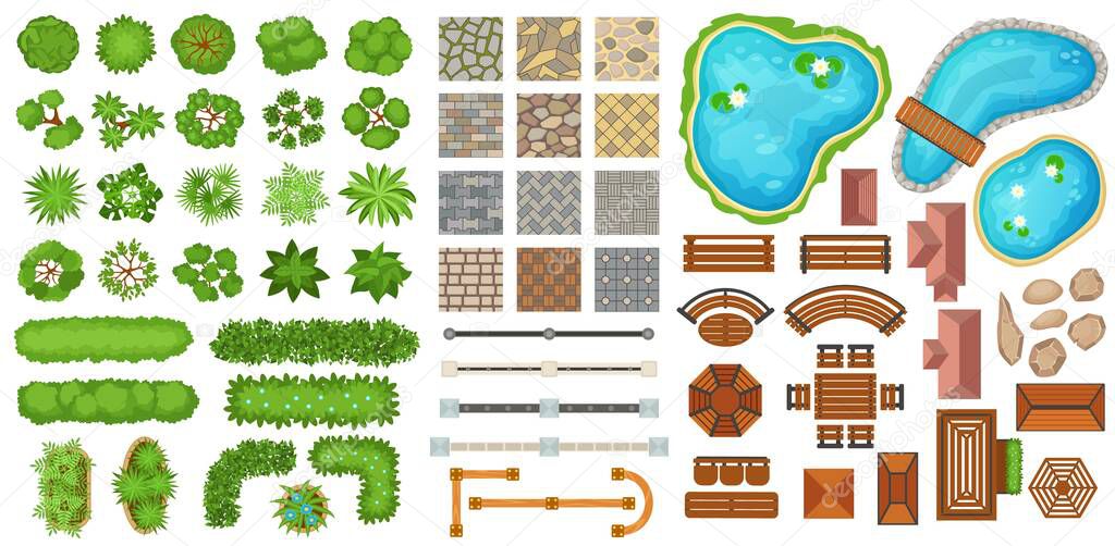 City park top view landscape elements, trees, pathways, benches. Bushes, fences, paths, ponds for garden landscaping design vector set