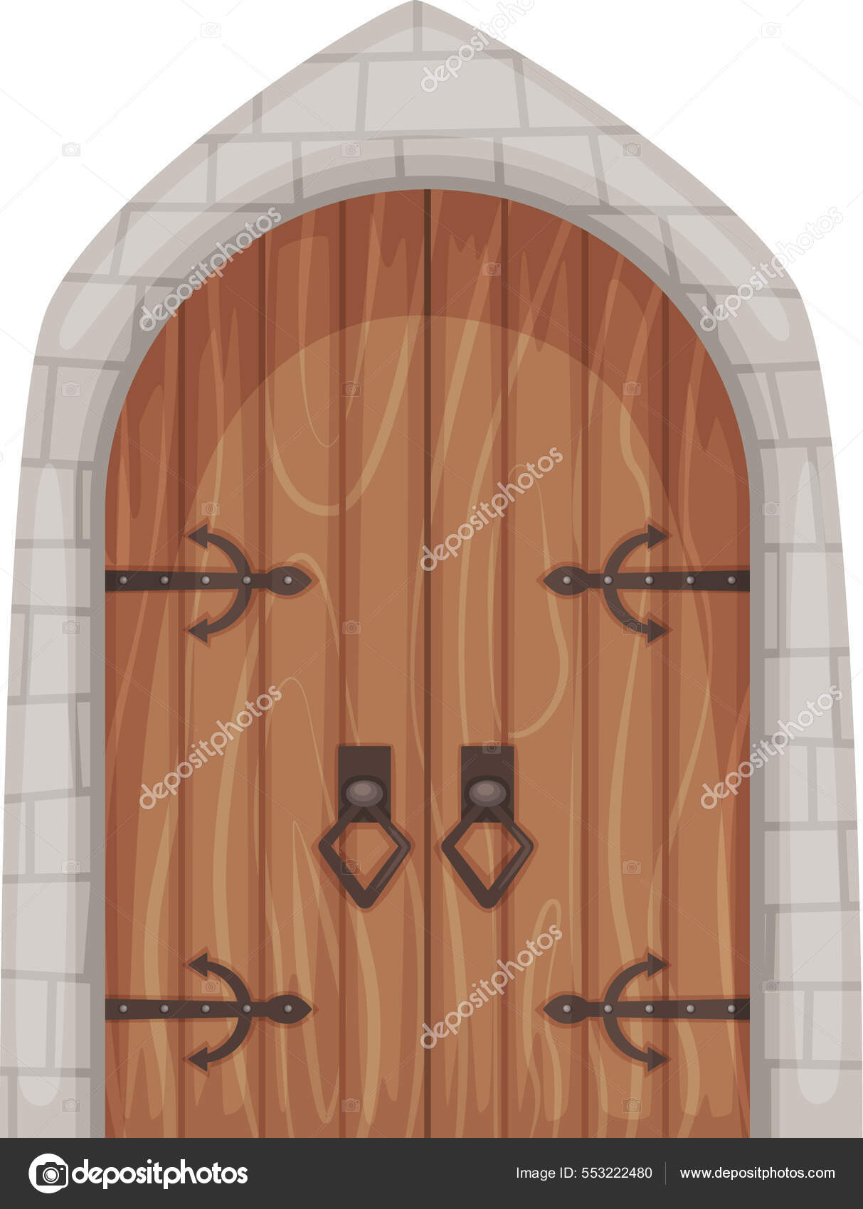 Cartoon mittelalterliche Burgeingangstore und Dungeon-Tür. Alte Holztüren  mit Steinumrandung, alte Burgen Tor- oder Torvektorset Stock-Vektorgrafik  von ©vatruska 553222480