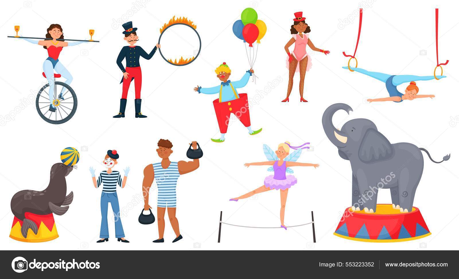 Cartoon circus characters, carnival artists, trained animal performers.  Circus elephant, seal, clown, acrobat, magician, juggler vector set Stock  Vector Image by ©vatruska #553223352