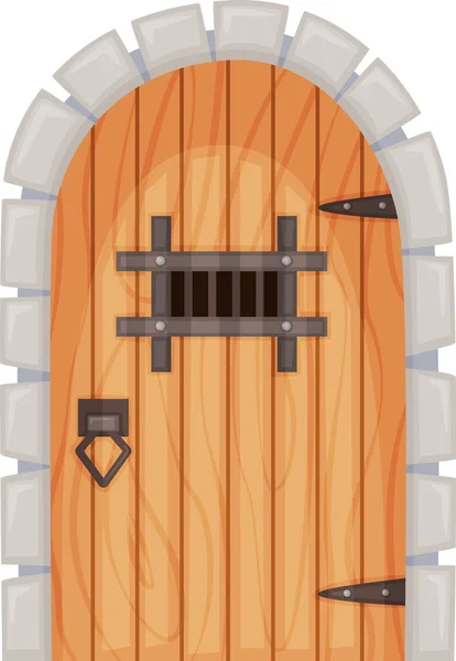 Portales de entrada de castillo medieval de dibujos animados y puerta de mazmorra. Puertas de madera antiguas con piedra envolvente, puertas de castillos antiguos o puerta vector conjunto — Archivo Imágenes Vectoriales