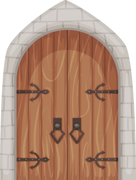 Desenhos animados portões de entrada do castelo medieval e porta de masmorra. Portas de madeira velhas com pedra cercam, portão de castelos antigos ou conjunto vetorial de portão —  Vetores de Stock