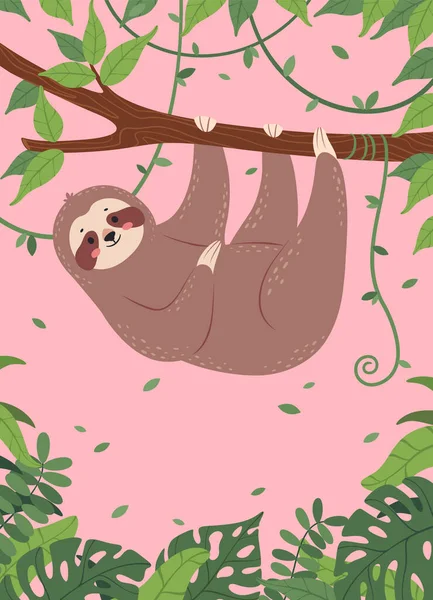 Kreskówkowa karta lenistwa, szczęśliwe leniwce śpiące lub wiszące na drzewie. Cute plakaty z senny leniwy znaków zwierząt i śmieszne zwroty wektor zestaw — Wektor stockowy
