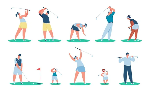 Golfspelare, golfspelare med klubbor, barngolf. Golfare slå boll med klubb, människor som spelar golf, utomhus sport vektor set — Stock vektor